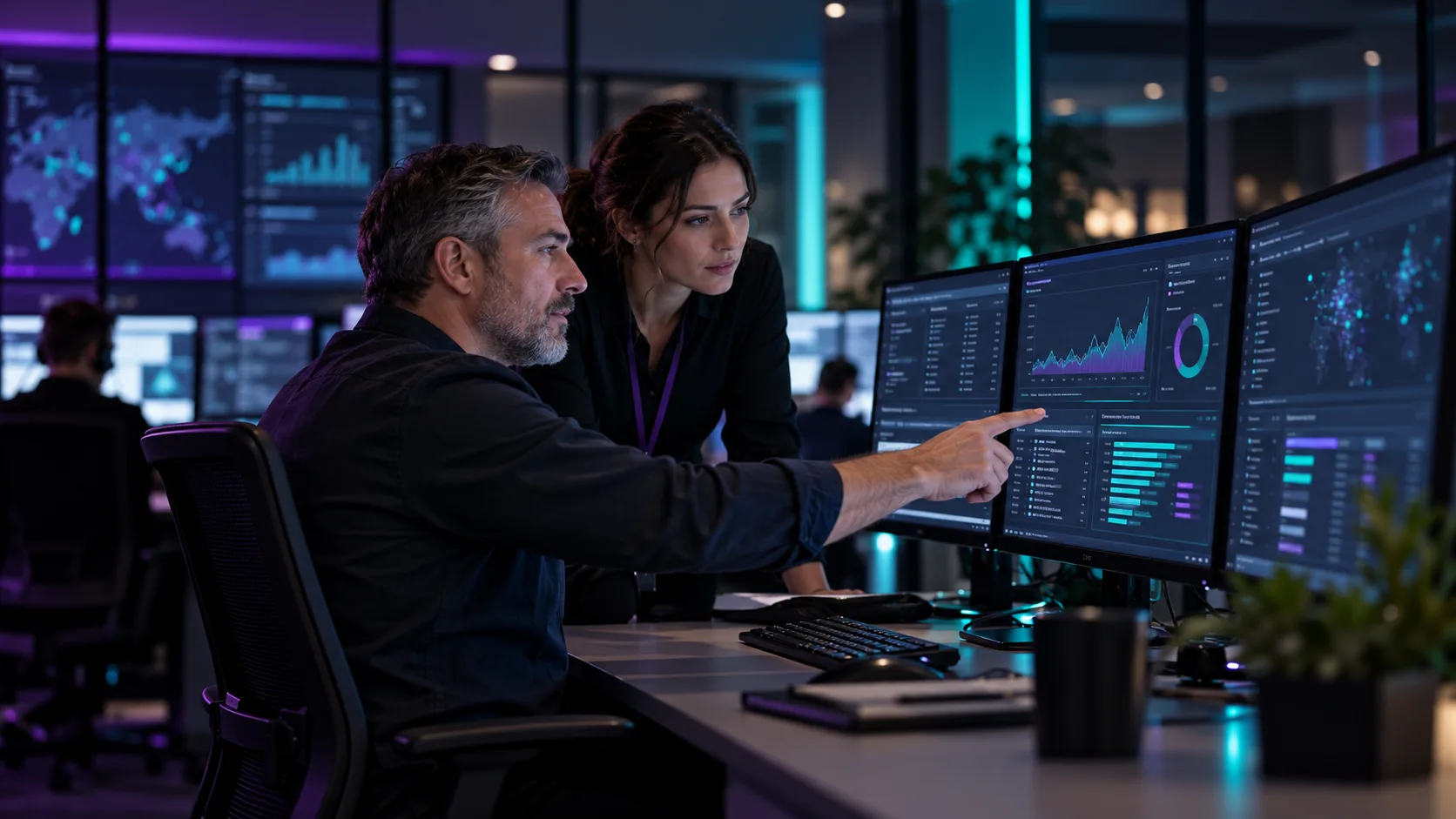 Cyber security specialists reviewing managed security information