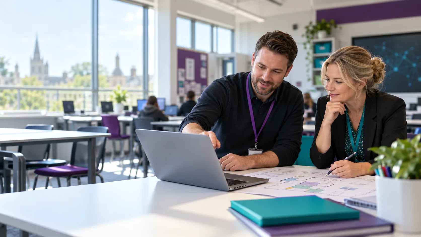 IT specialist and school leader reviewing an education technology plan