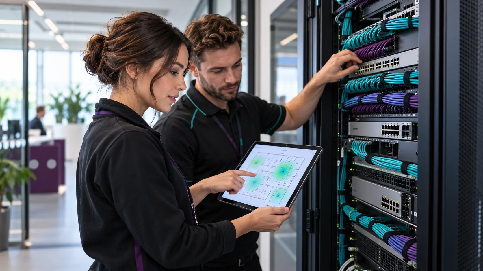 Network engineers reviewing organised school connectivity infrastructure