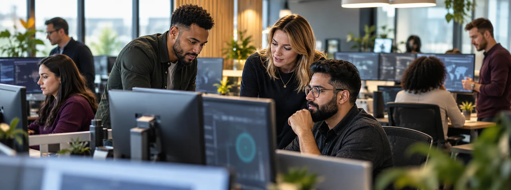 A managed technology service team working together in a modern support environment